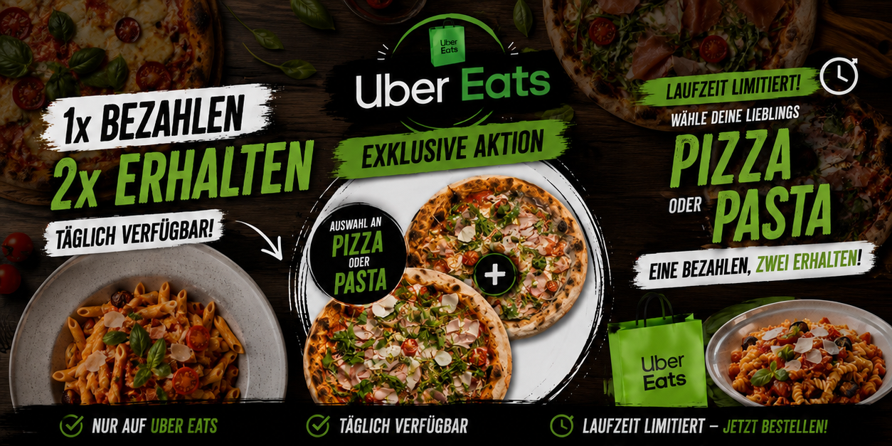 Angebotsflyer von Sapori Express Bayreuth für Uber Eats: 1× bezahlen, 2× erhalten auf ausgewählte Pizza- und Pasta-Gerichte