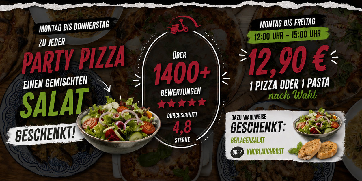 Angebotsflyer von Sapori Express Bayreuth für Lieferando: Party Pizza mit Salat sowie Mittagsangebot ab 12,90 Euro